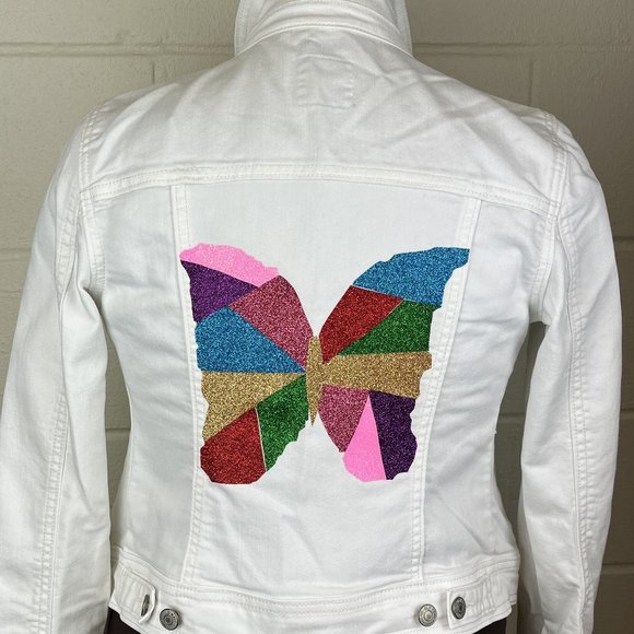 Old Navy Custom Butterfly Embellished White Denim Jacket - Picture 5 of 5
